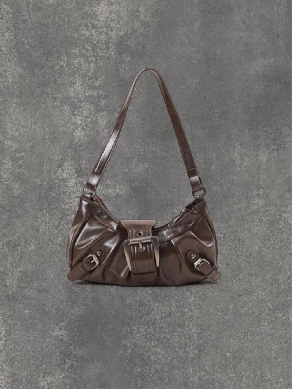 Classic Brown Faux Leather Shoulder Bag with Buckle Detail